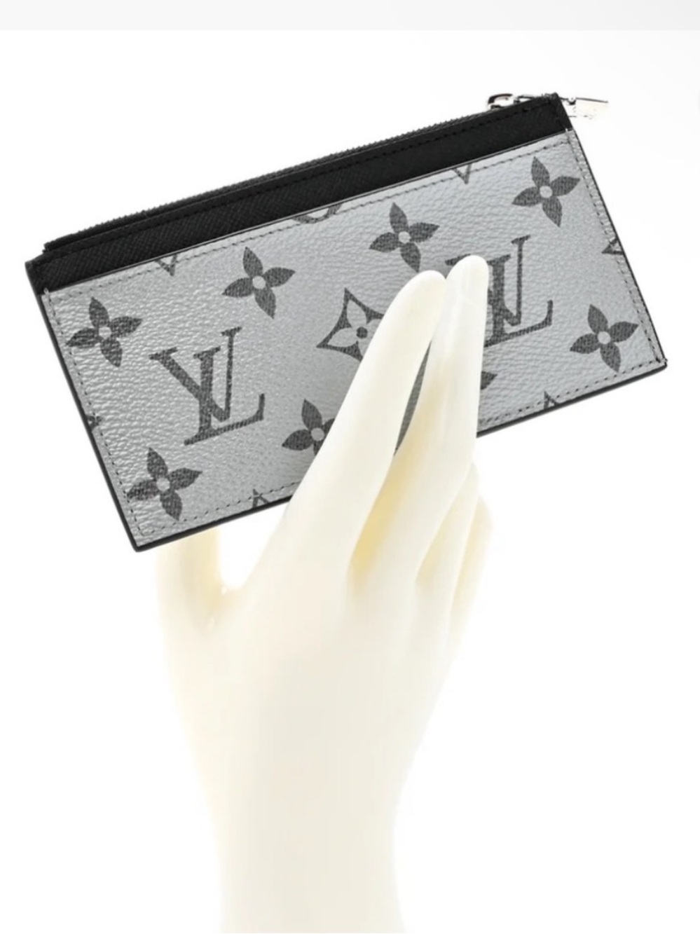 Authentic Louis Vuitton Metallic Taigarama Coin Card Holder Gunmetal Grey Black